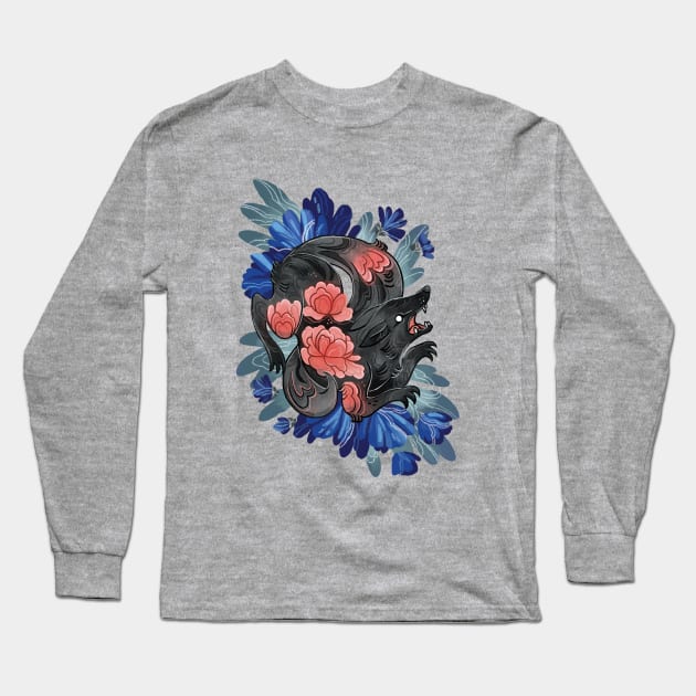 Wolf and Lotus Long Sleeve T-Shirt by MichelleScribbles